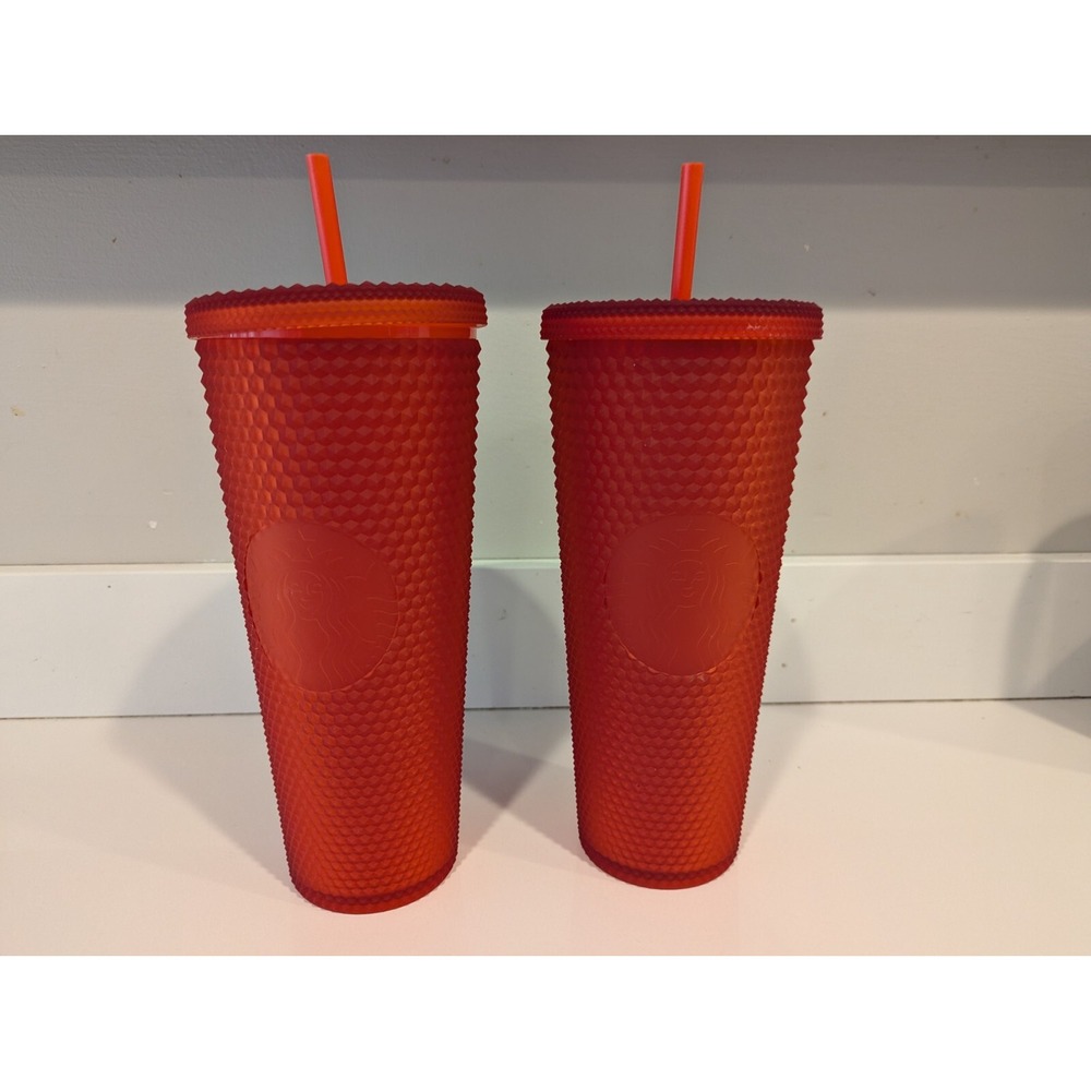 Lot Of 2 STARBUCKS RED MATTE STUDDED Large TUMBLER Cold CUP 24 OZ 2021